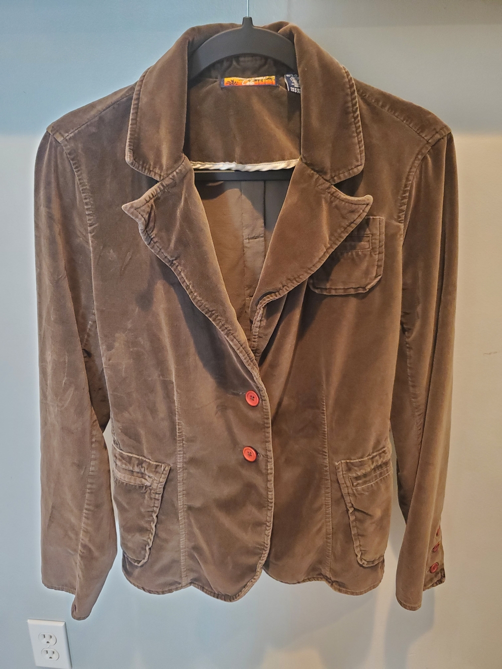 Women's Brown Velvet Blazer with Red Button Accents